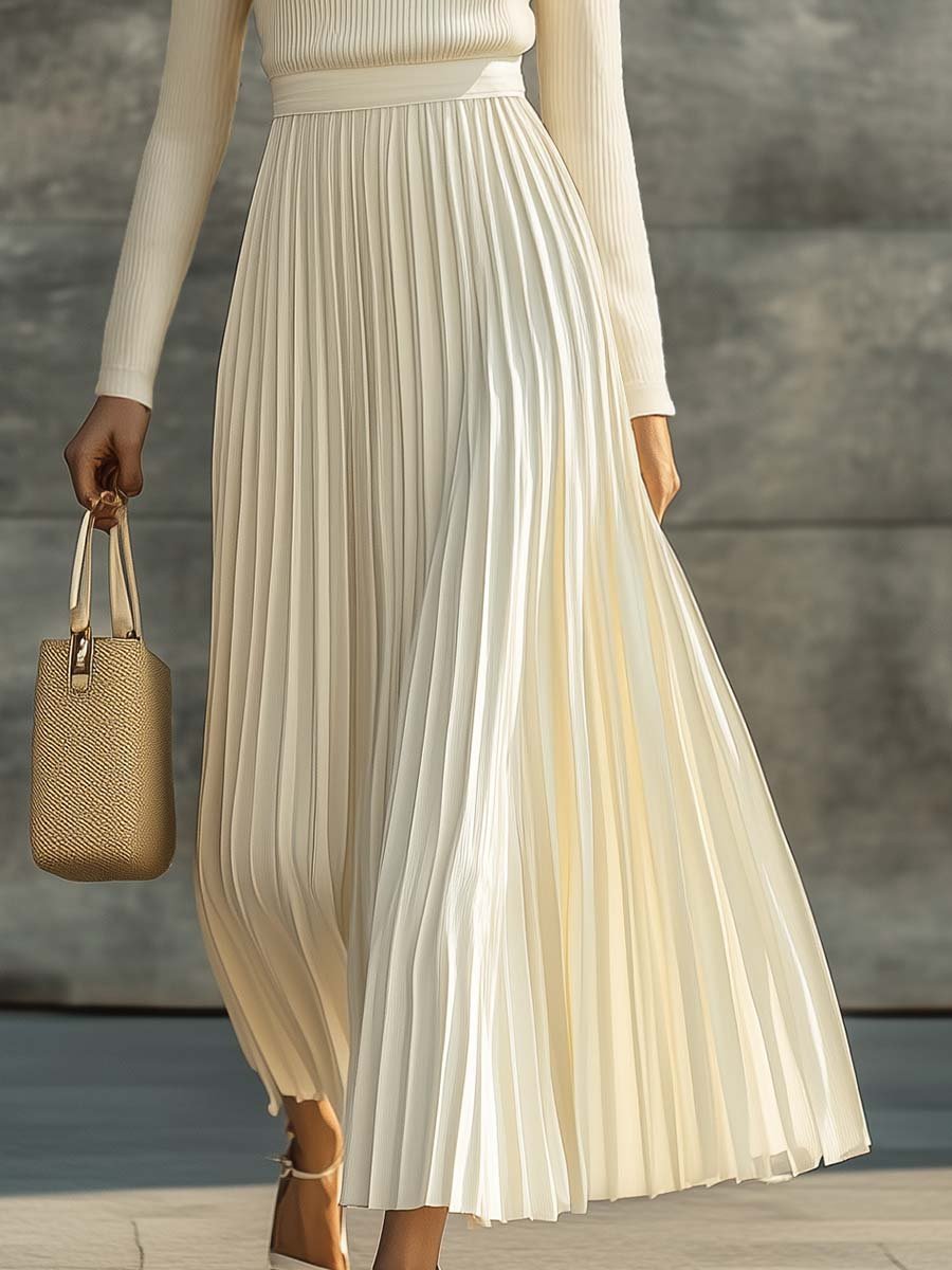 Elegant Casual And Comfortable Long-sleeved Cream Knitted Satin Pleated Hem Maxi Dress - Image 7