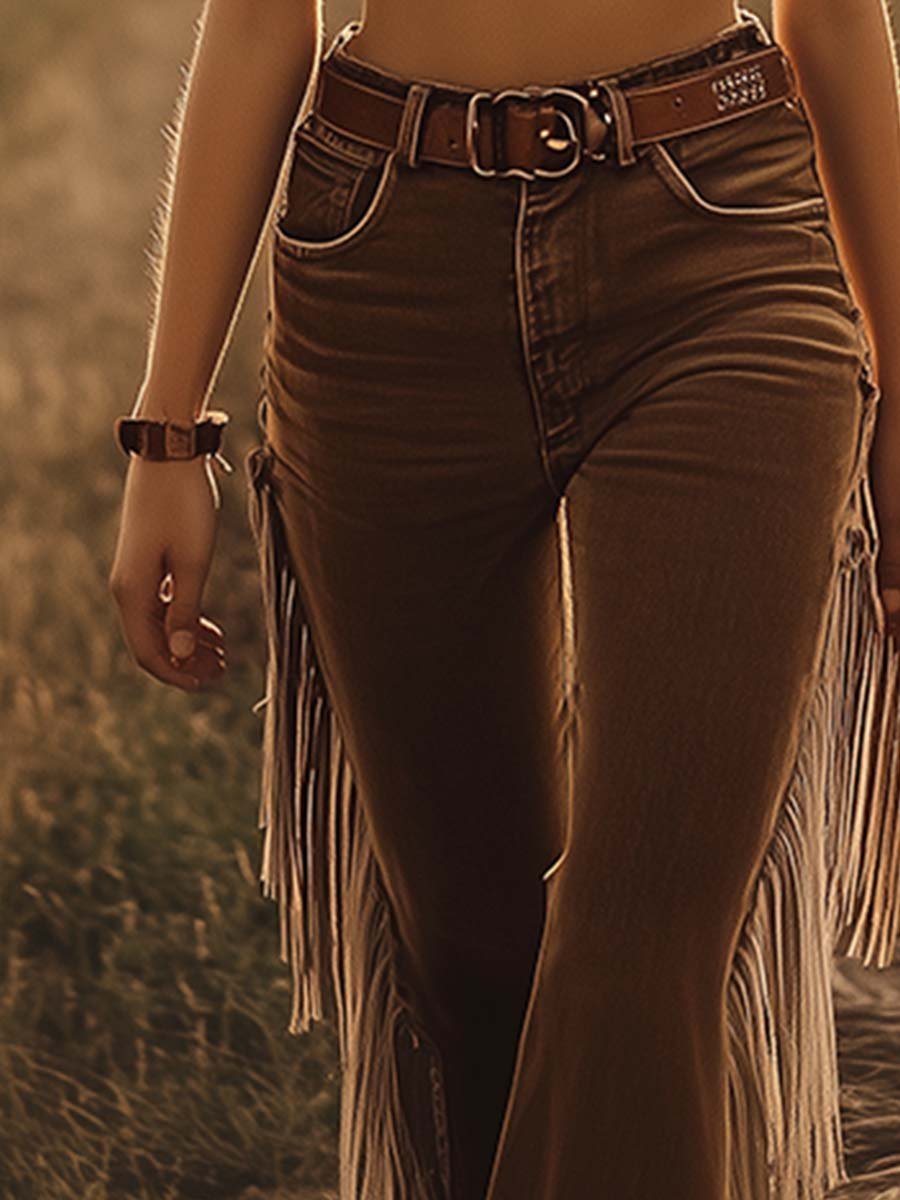 Vintage Western Brown Fringe Flared Jeans - Image 4