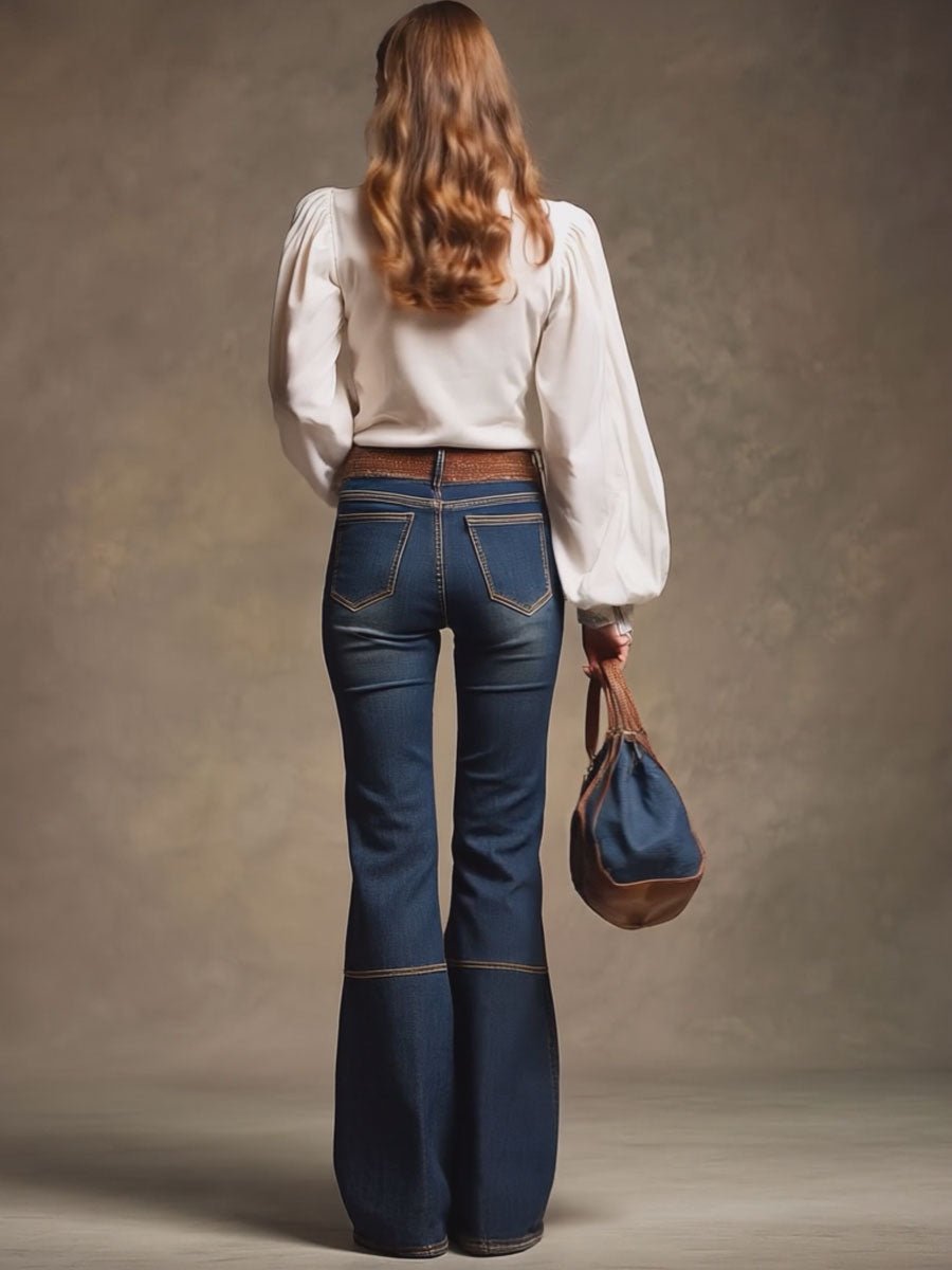 Retro Brown Double-stitched Navy Jeans - Image 6