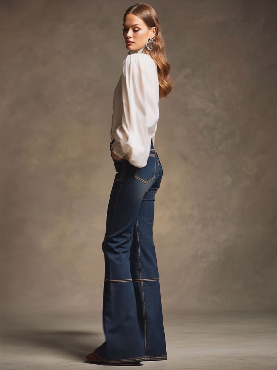Retro Brown Double-stitched Navy Jeans - Image 5