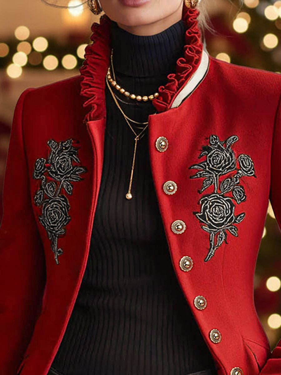 Ruffled Stand-up Collar Single-breasted Rose Embroidered Woolen Jacket - Image 7