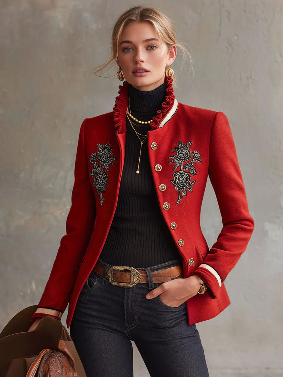 Ruffled Stand-up Collar Single-breasted Rose Embroidered Woolen Jacket - Image 2