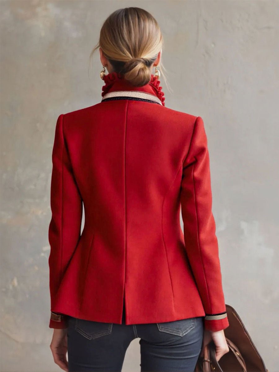 Ruffled Stand-up Collar Single-breasted Rose Embroidered Woolen Jacket - Image 4