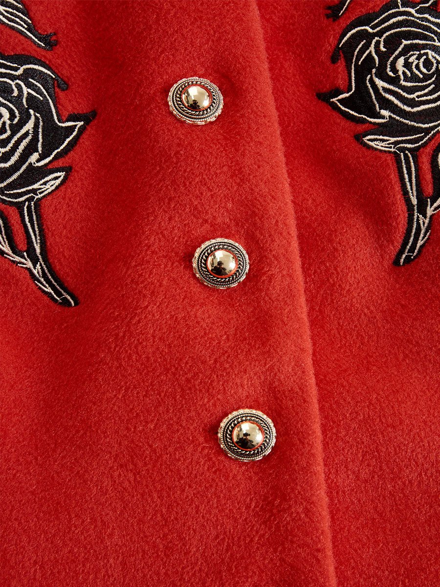 Ruffled Stand-up Collar Single-breasted Rose Embroidered Woolen Jacket - Image 8