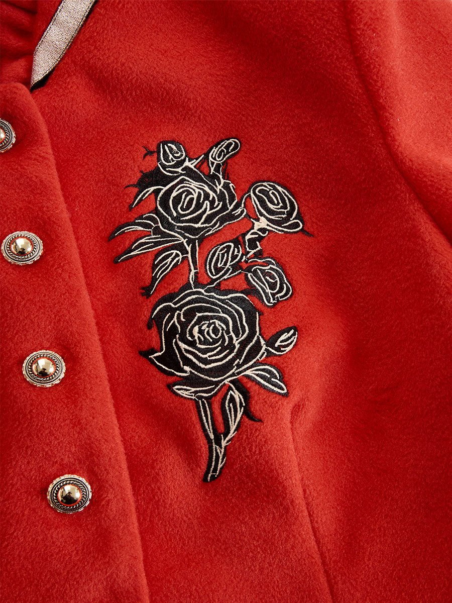 Ruffled Stand-up Collar Single-breasted Rose Embroidered Woolen Jacket - Image 9