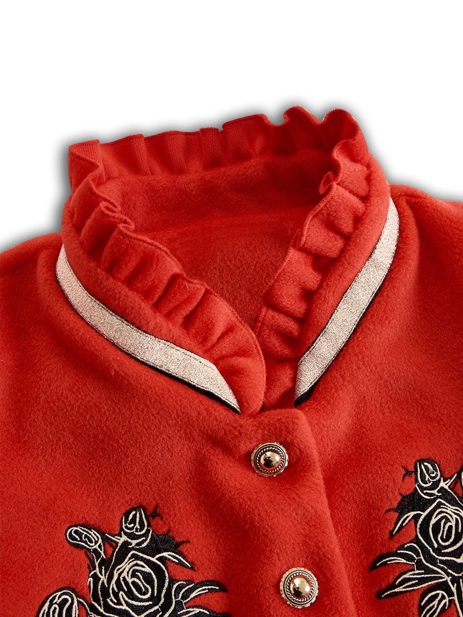 Ruffled Stand-up Collar Single-breasted Rose Embroidered Woolen Jacket - Image 11