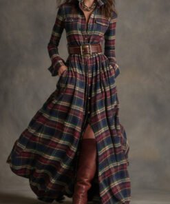 Retro Ethnic Style Lapel Reddish Brown Plaid Maxi Dress