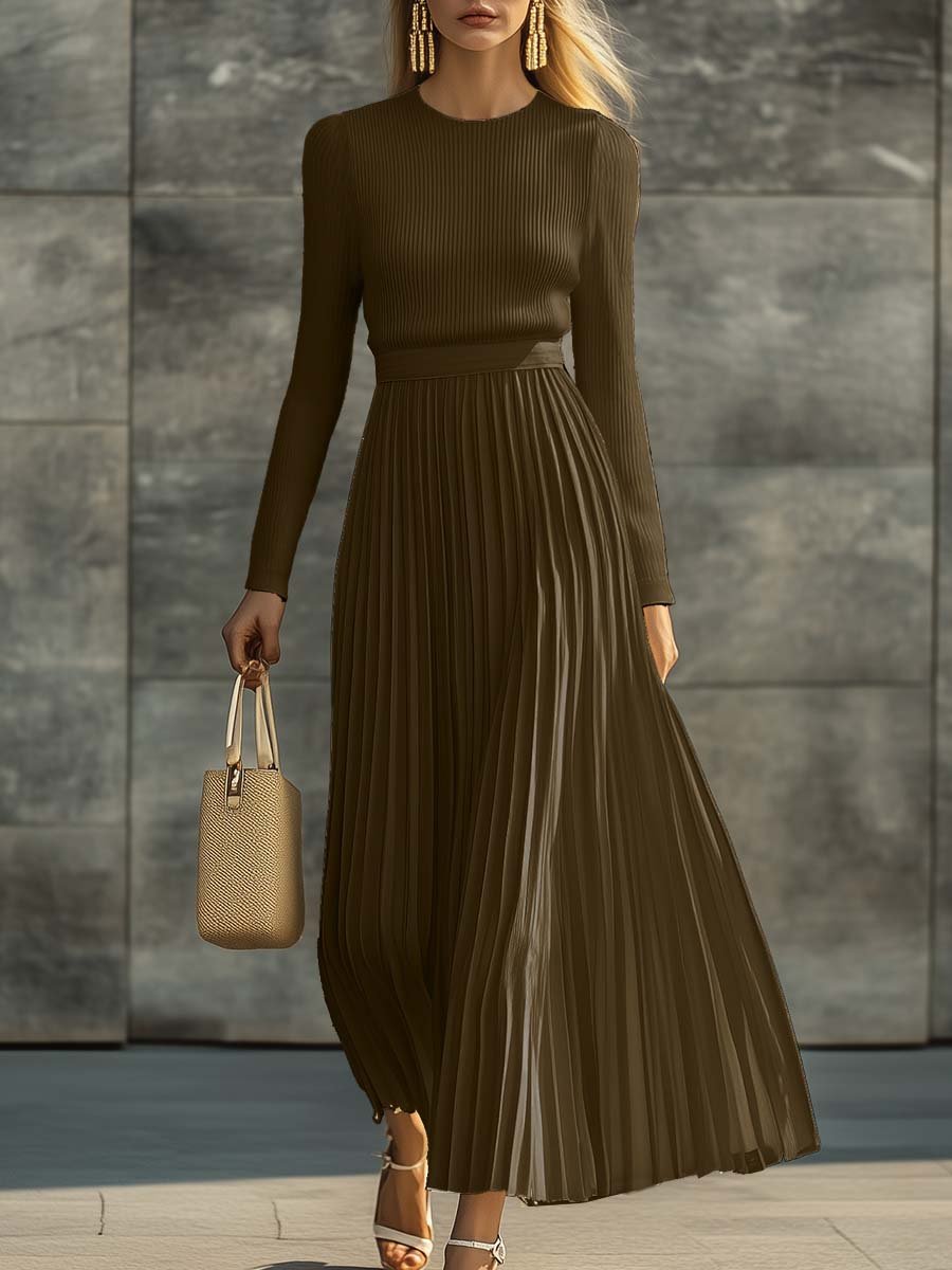 Elegant Casual And Comfortable Long-sleeved Cream Knitted Satin Pleated Hem Maxi Dress - Image 10