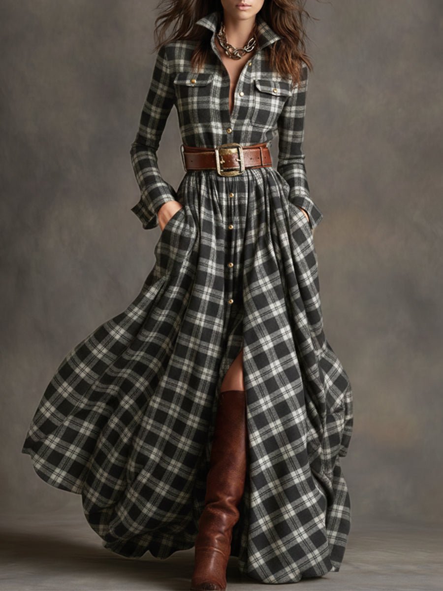 Retro Ethnic Style Lapel Reddish Brown Plaid Maxi Dress - Image 5