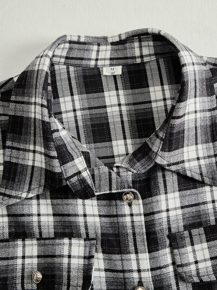 Retro Ethnic Style Lapel Reddish Brown Plaid Maxi Dress - Image 30