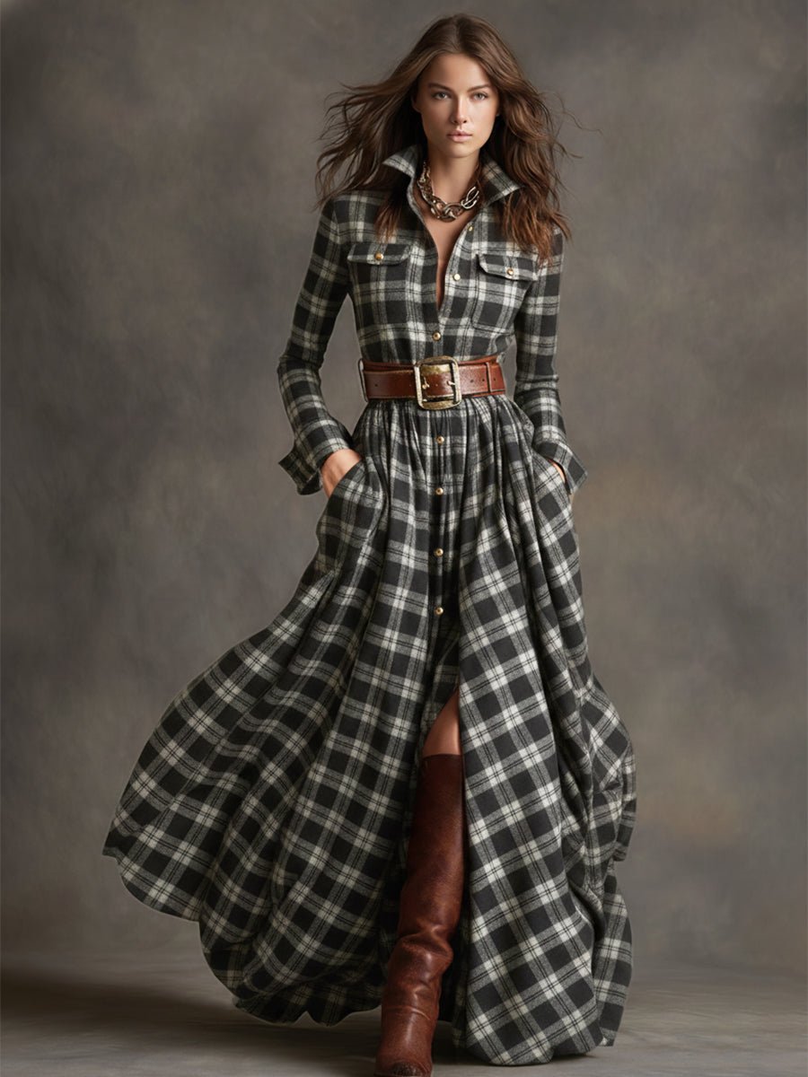 Retro Ethnic Style Lapel Reddish Brown Plaid Maxi Dress - Image 21
