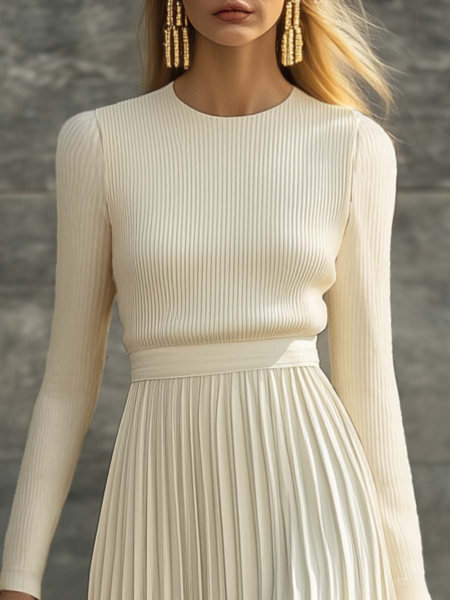 Elegant Casual And Comfortable Long-sleeved Cream Knitted Satin Pleated Hem Maxi Dress - Image 8