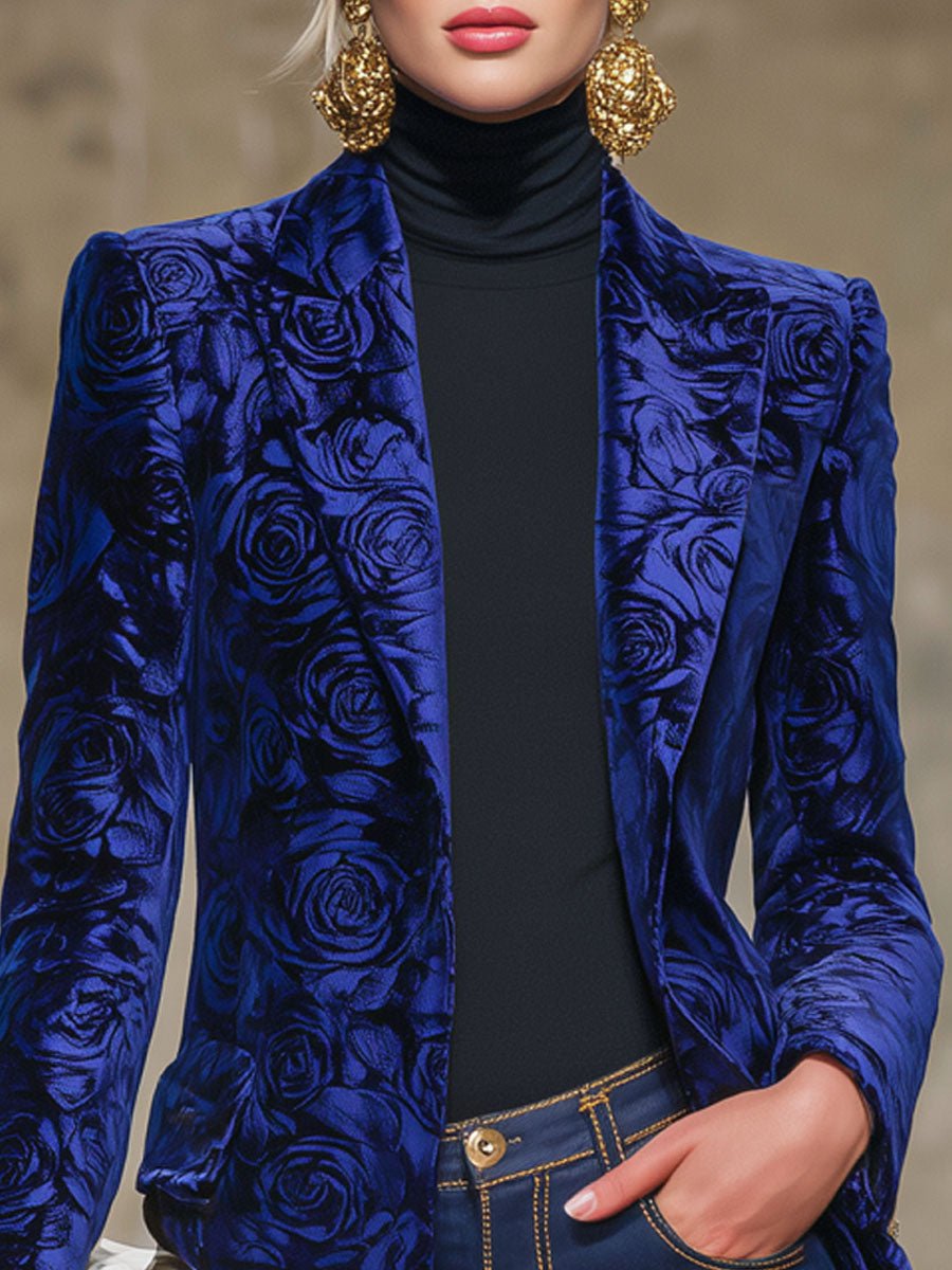 Royal Blue Rose Print Velvet Lapel Blazer - Image 2