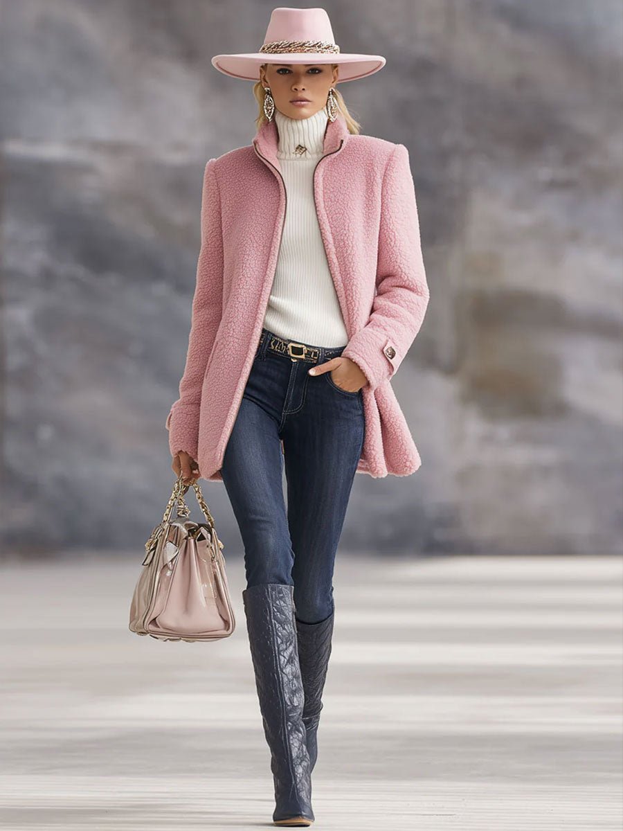 Casual Vintage Pink Polar Fleece Zip-Up Jacket Coat - Image 6