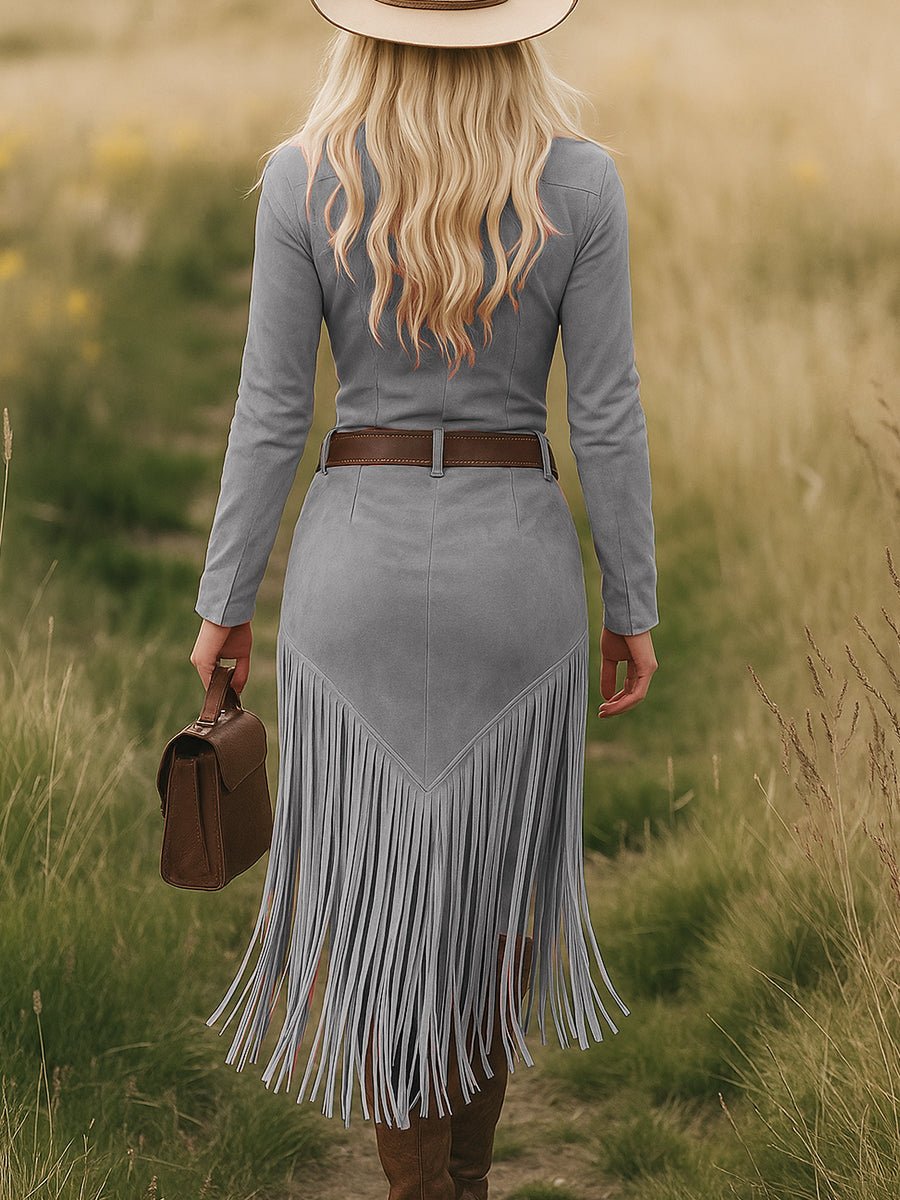 Retro Western Lapel Zipper Long Sleeve Tassel Midi Dress - Image 15