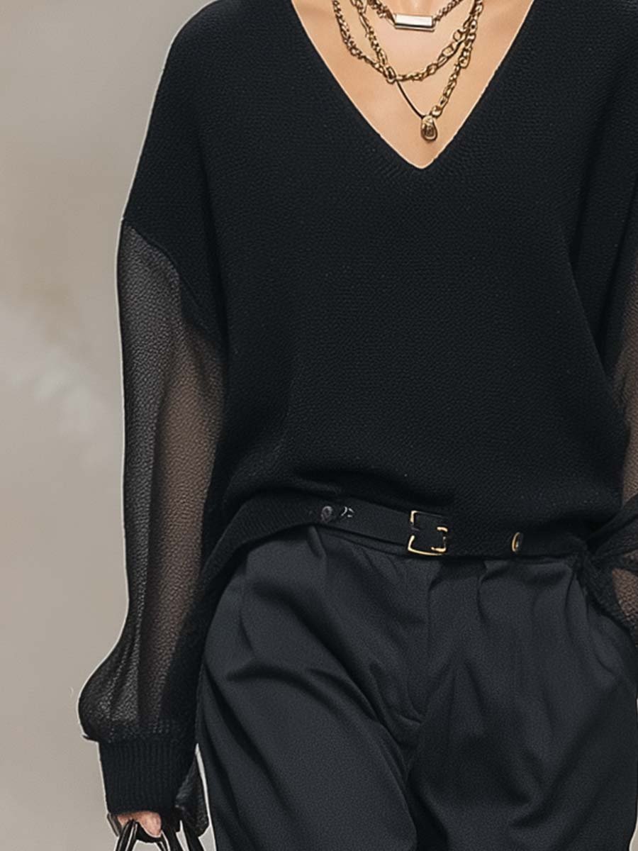 Breathable And Casual Comfortable V-neck Transparent Long-sleeved Black Knitted Blouse Top - Image 7