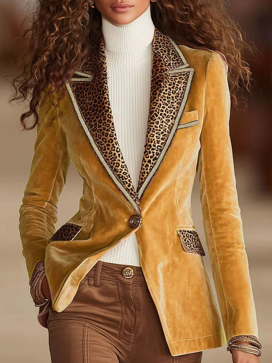 Pink Velvet Stitching Leopard Print One Button Blazer - Image 4