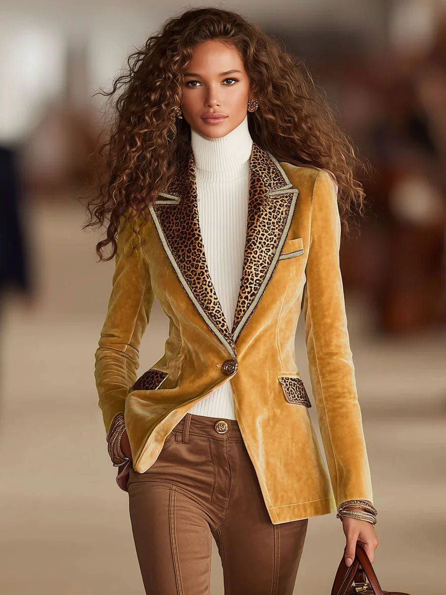 Pink Velvet Stitching Leopard Print One Button Blazer - Image 3