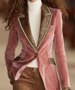 Pink Velvet Stitching Leopard Print One Button Blazer