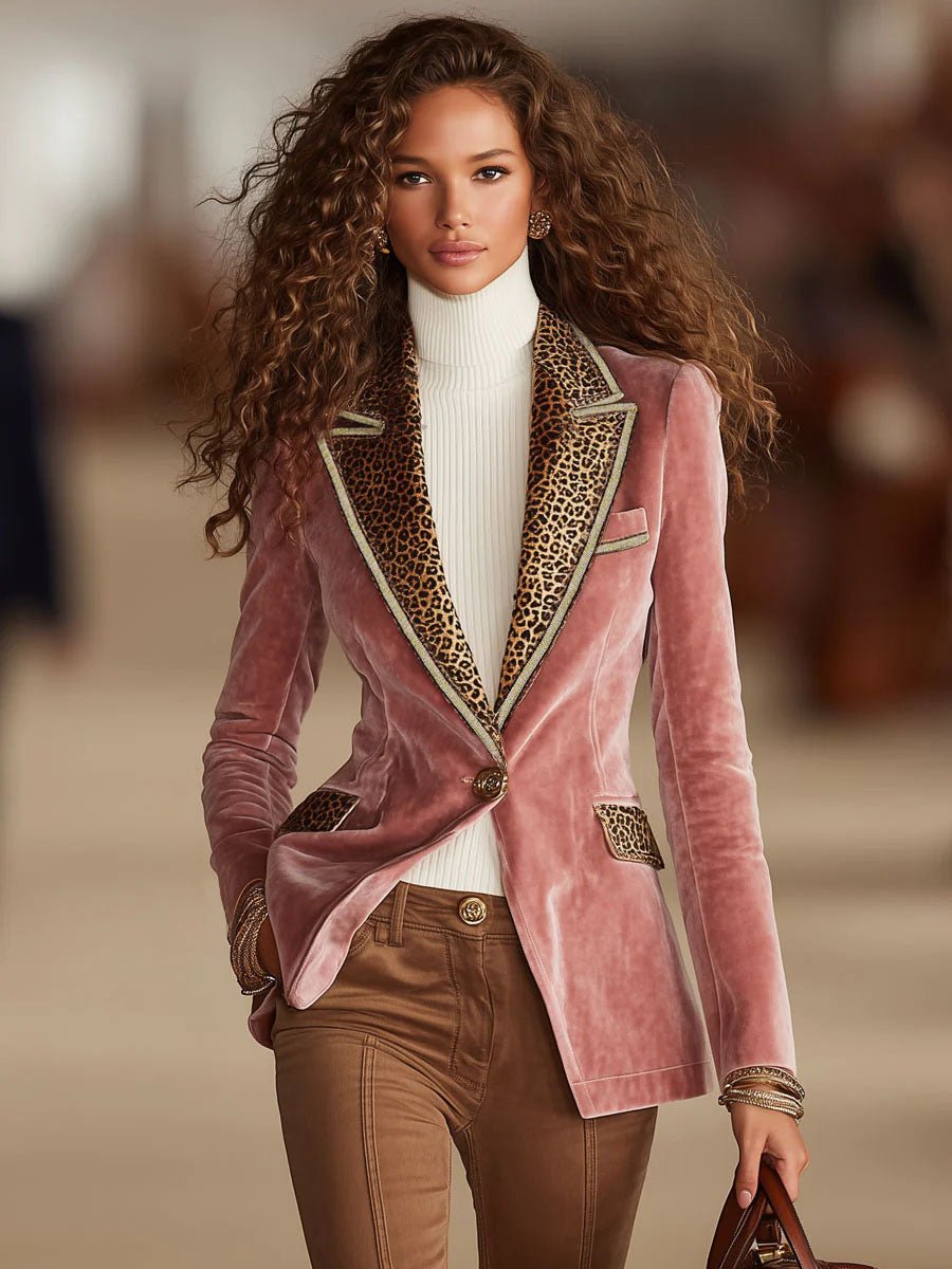 Pink Velvet Stitching Leopard Print One Button Blazer - Image 2