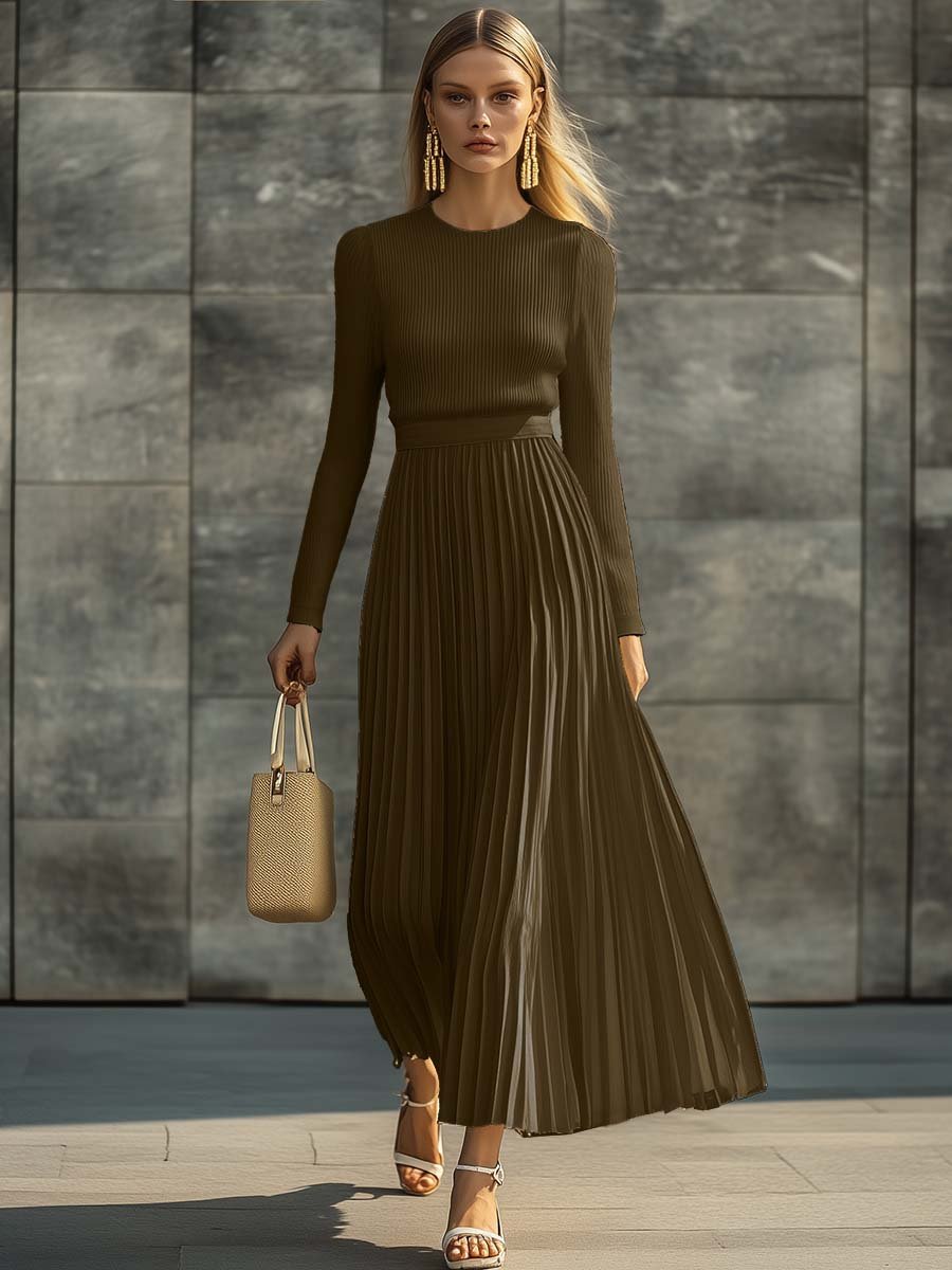 Elegant Casual And Comfortable Long-sleeved Cream Knitted Satin Pleated Hem Maxi Dress - Image 5
