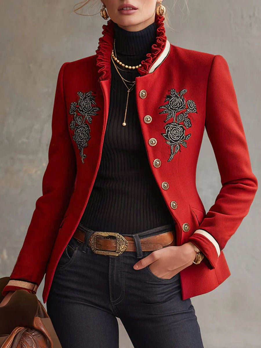 Ruffled Stand-up Collar Single-breasted Rose Embroidered Woolen Jacket