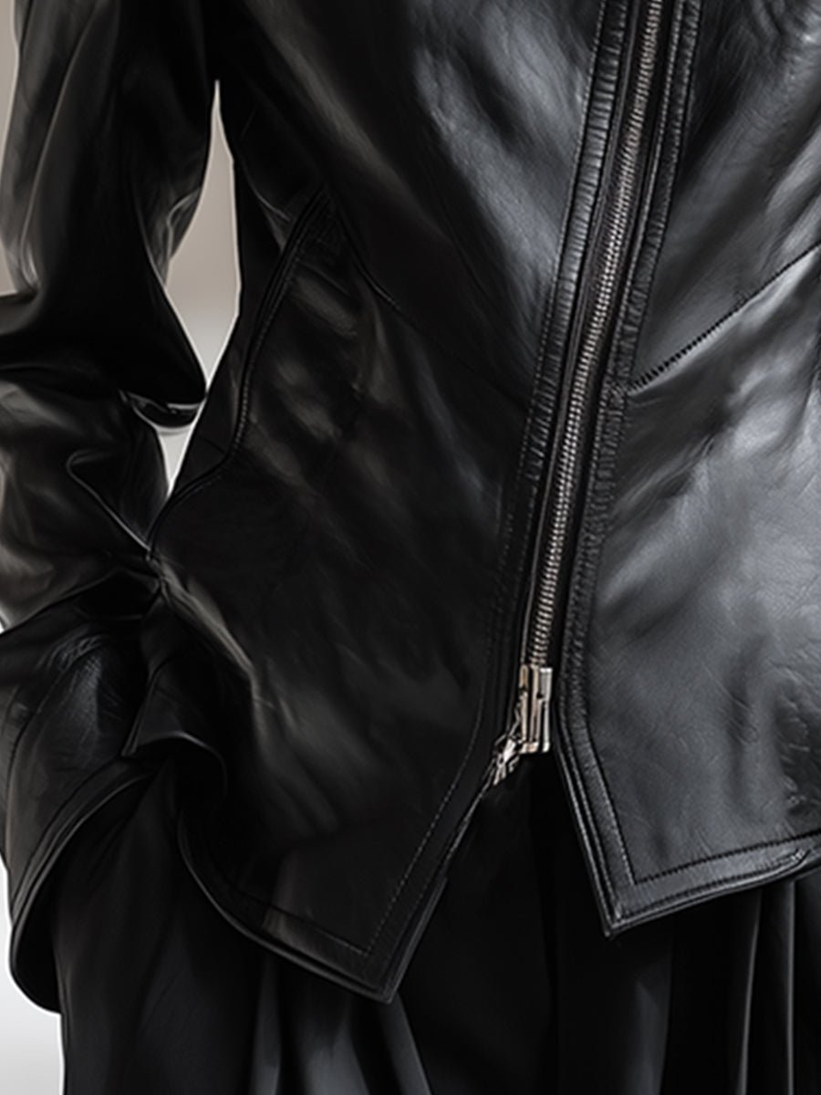 Personality And Fashion High Collar Oblique Zipper Black PU Jacket - Image 6