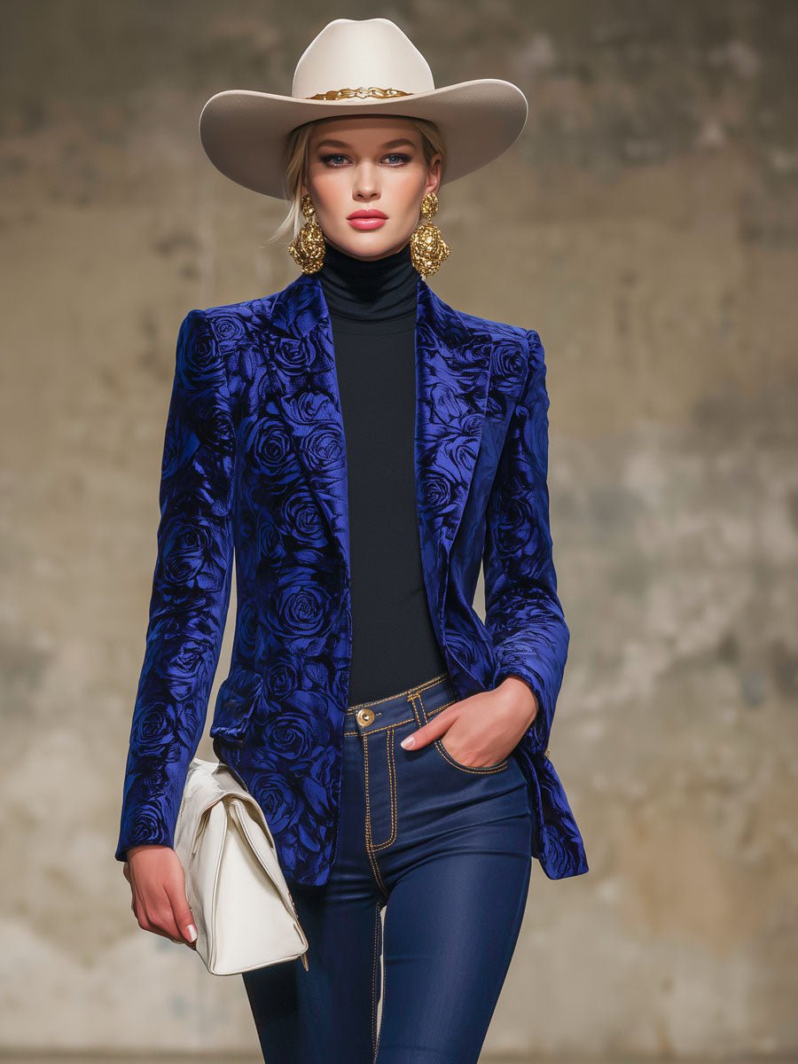 Royal Blue Rose Print Velvet Lapel Blazer - Image 4