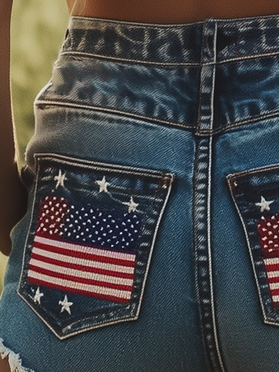 Pocket Embroidered Denim Shorts - Image 6