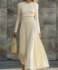 Elegant Casual And Comfortable Long-sleeved Cream Knitted Satin Pleated Hem Maxi Dress