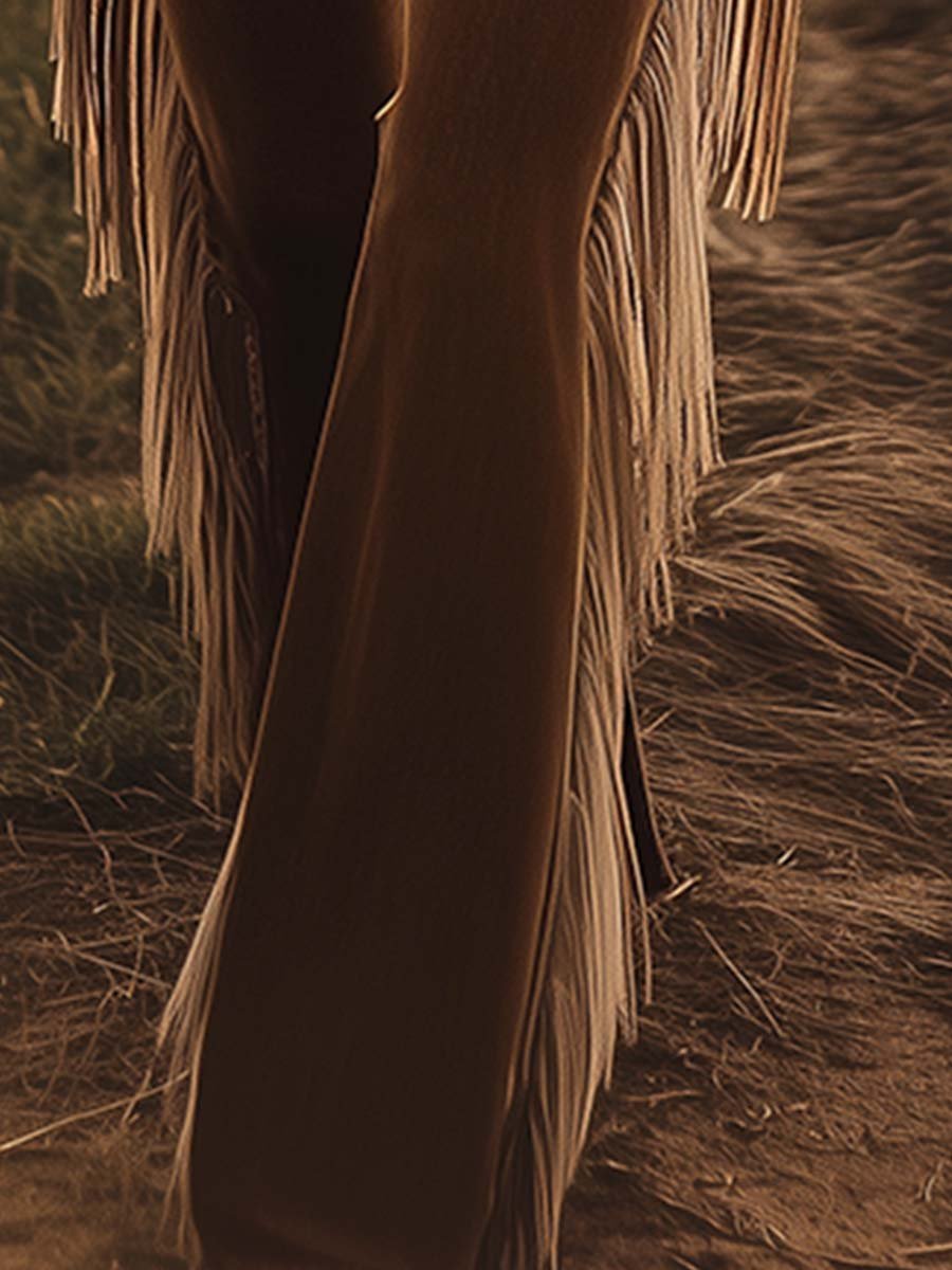 Vintage Western Brown Fringe Flared Jeans - Image 3