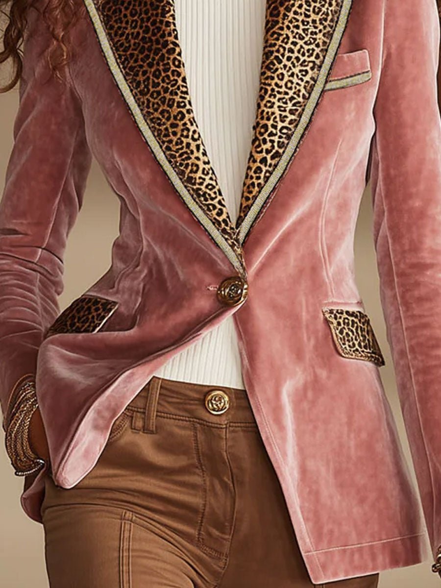 Pink Velvet Stitching Leopard Print One Button Blazer - Image 7