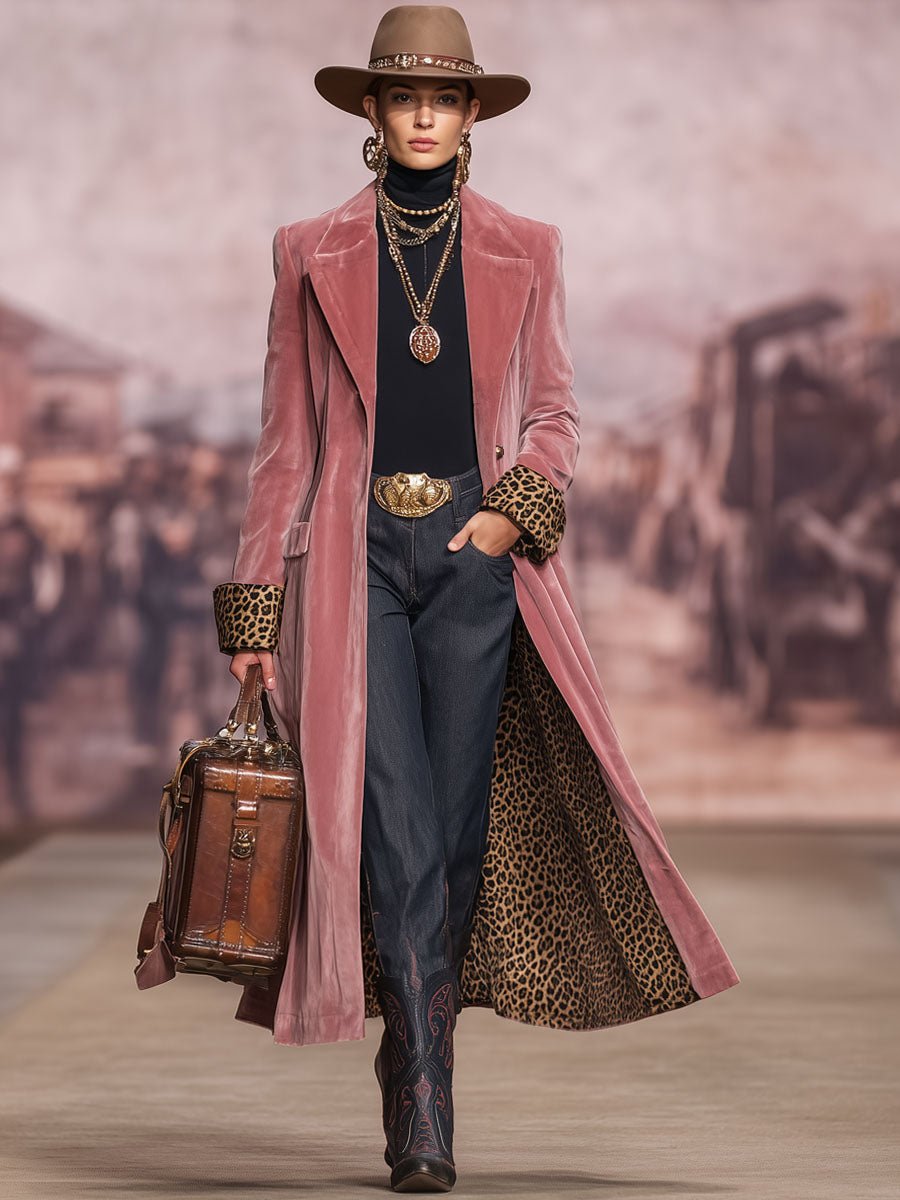 Lapel Single-breasted Velvet And Leopard Print Coat - Image 7