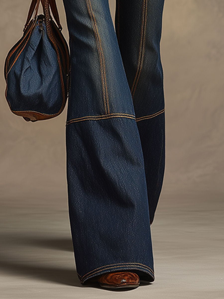 Retro Brown Double-stitched Navy Jeans - Image 7