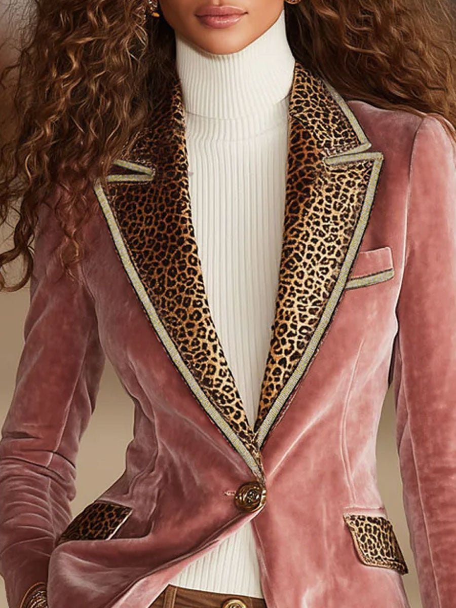 Pink Velvet Stitching Leopard Print One Button Blazer - Image 8