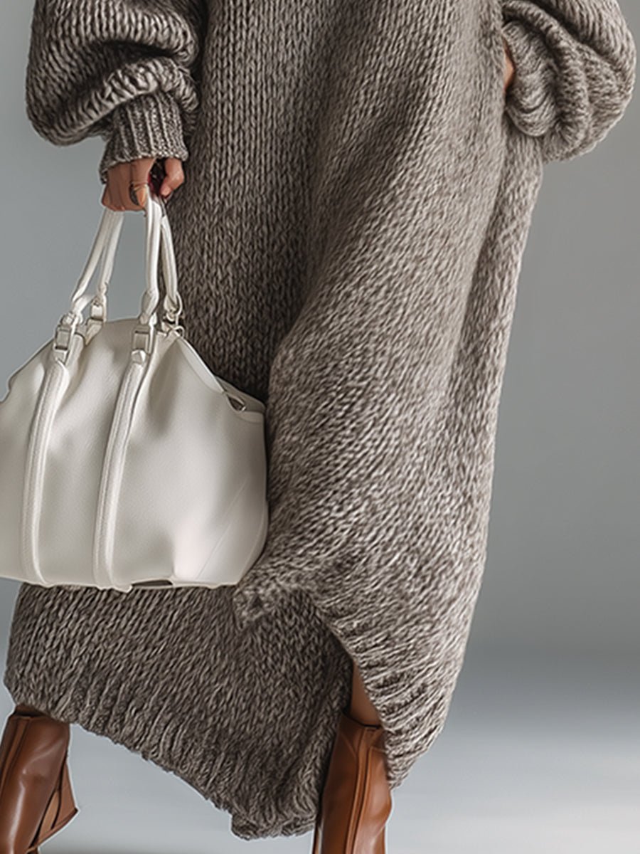 Elegant Urban Silhouette Round Neck Heathered Khaki Knitted Maxi Dress - Image 5