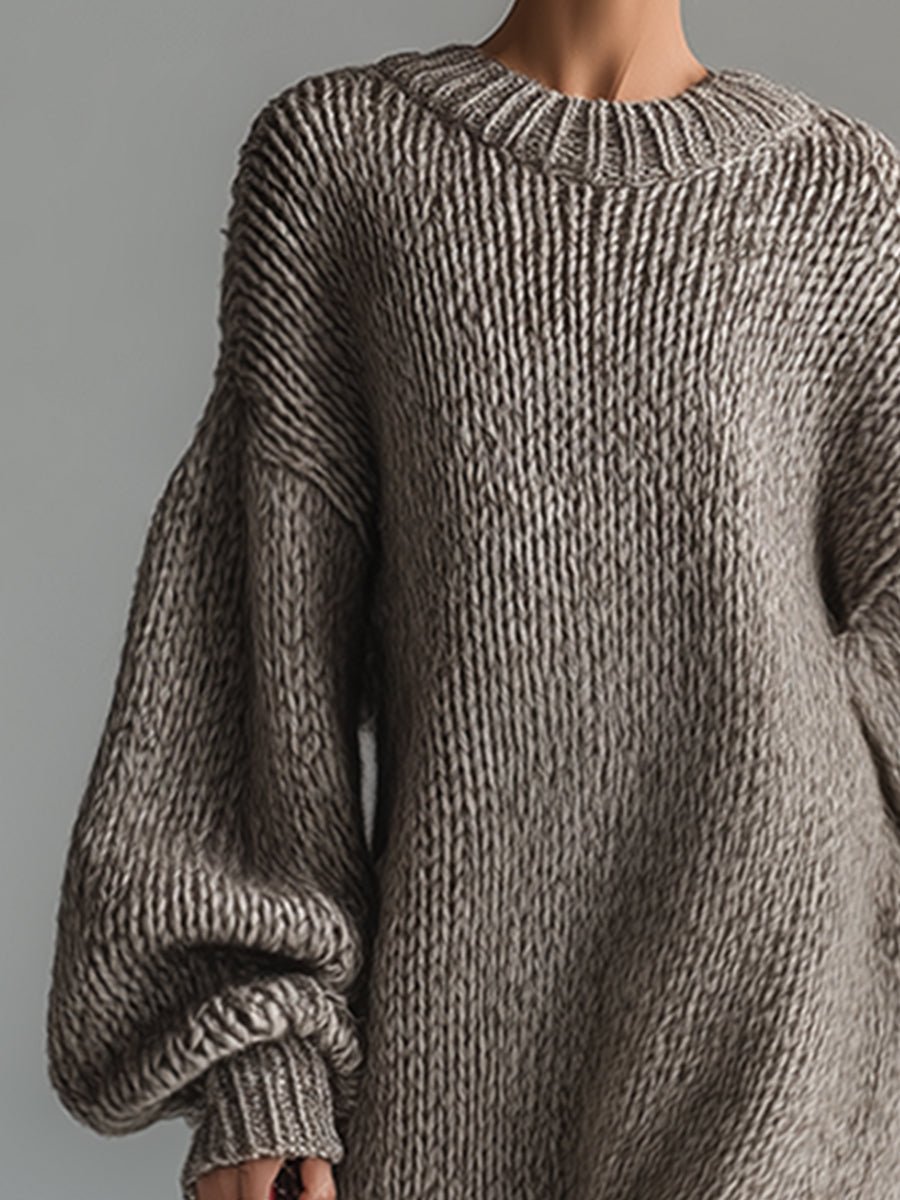 Elegant Urban Silhouette Round Neck Heathered Khaki Knitted Maxi Dress - Image 4