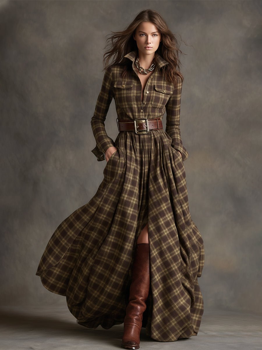 Retro Ethnic Style Lapel Reddish Brown Plaid Maxi Dress - Image 13
