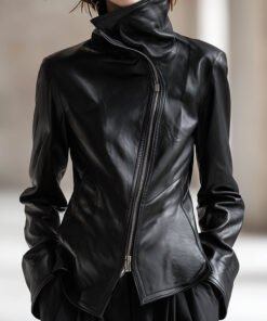 Personality And Fashion High Collar Oblique Zipper Black PU Jacket