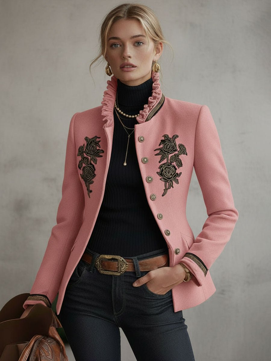 Ruffled Stand-up Collar Single-breasted Rose Embroidered Woolen Jacket - Image 3