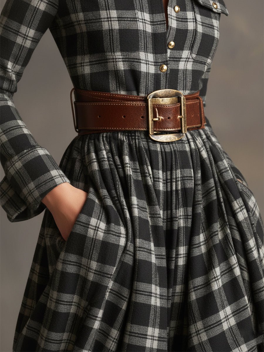 Retro Ethnic Style Lapel Reddish Brown Plaid Maxi Dress - Image 24