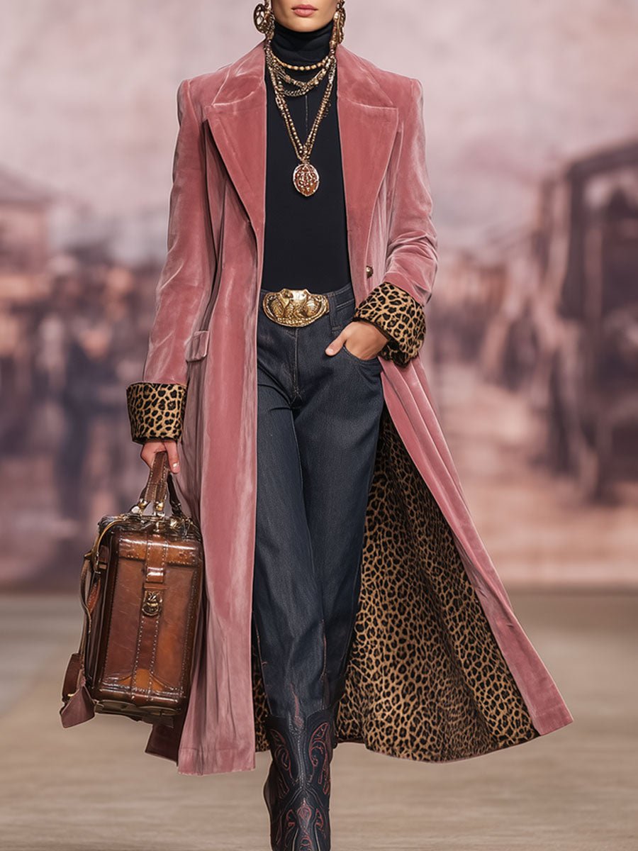 Lapel Single-breasted Velvet And Leopard Print Coat - Image 3