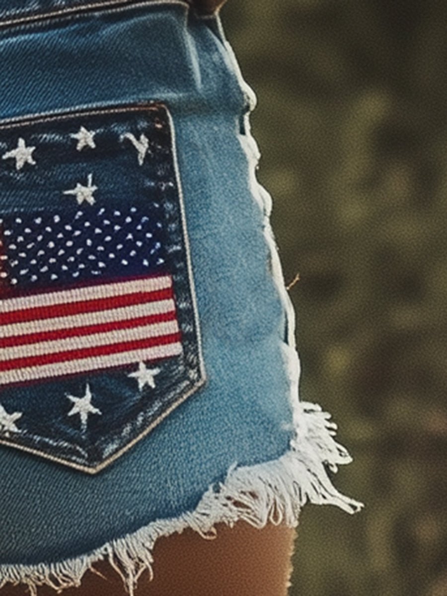 Pocket Embroidered Denim Shorts - Image 7