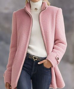 Casual Vintage Pink Polar Fleece Zip-Up Jacket Coat