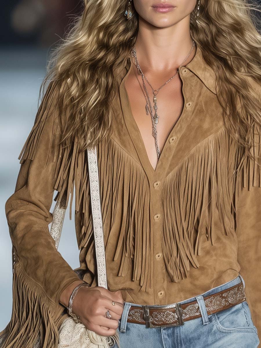 Casual Vintage Western Button Front Tassel Long Sleeve Light Brown Fuax Suede Shirt Top - Image 4