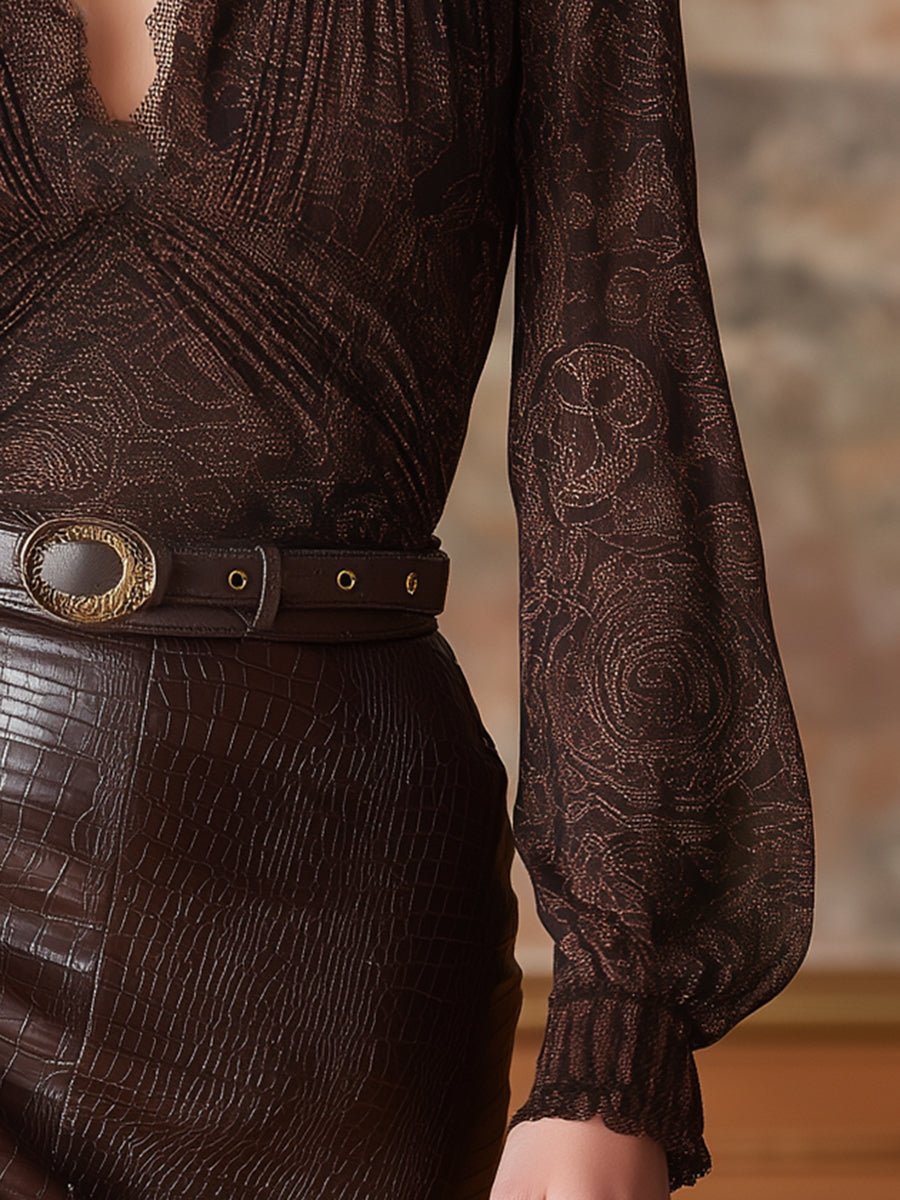 Elegant V-neck Lace Print Mocha Brown Long-sleeved Shirt - Image 5