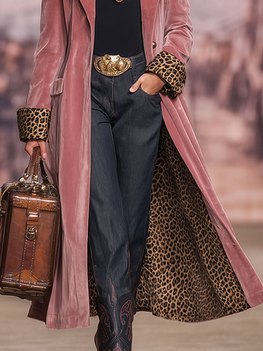 Lapel Single-breasted Velvet And Leopard Print Coat - Image 6