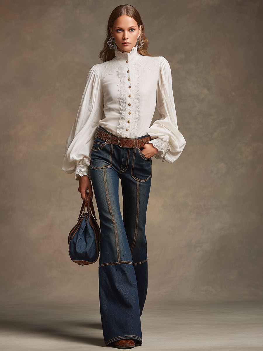 Retro Brown Double-stitched Navy Jeans - Image 4