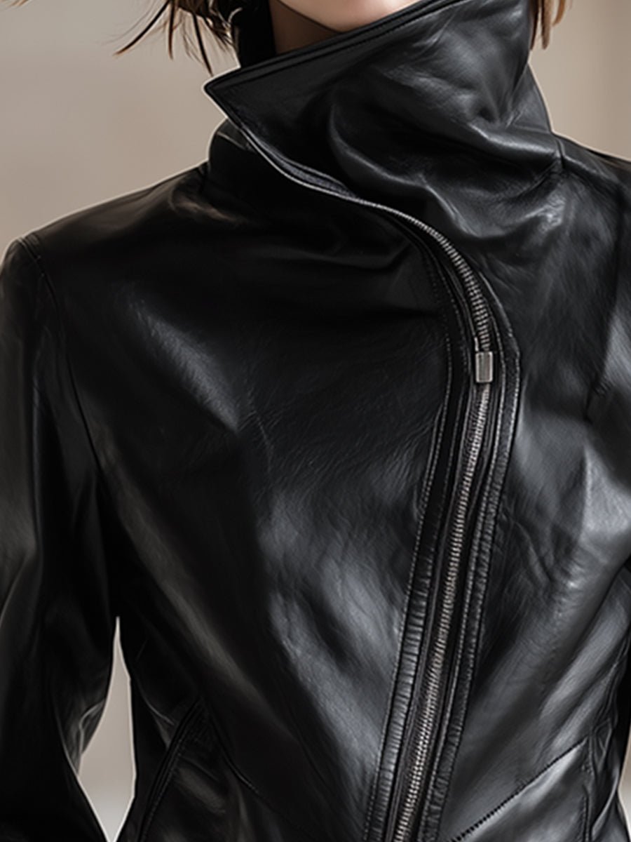 Personality And Fashion High Collar Oblique Zipper Black PU Jacket - Image 5