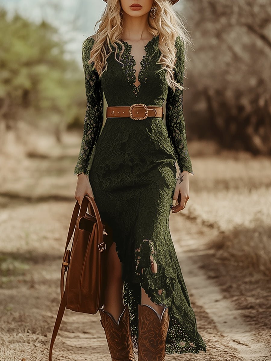 Vintage Bohemian Blue Lace Long Sleeve Midi Dress - Image 3